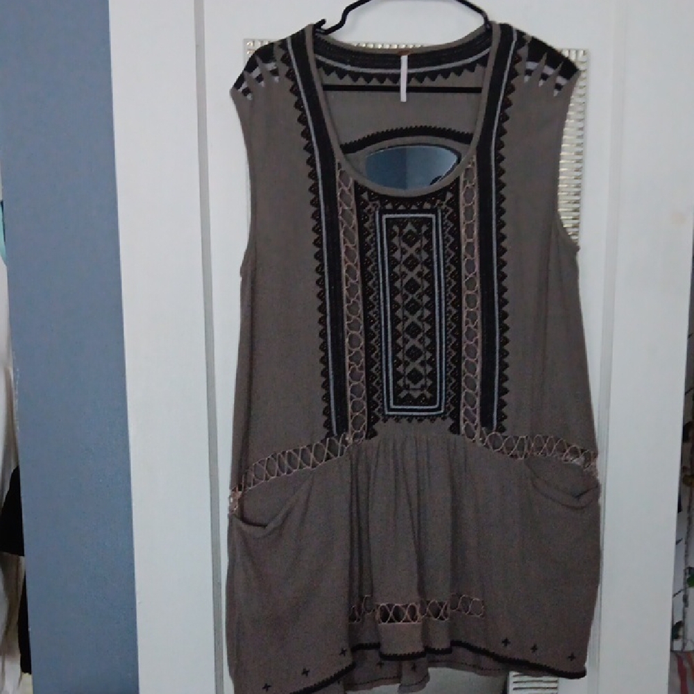 Boho Embroidered Sleeveless Tunic Tank Top - Olive